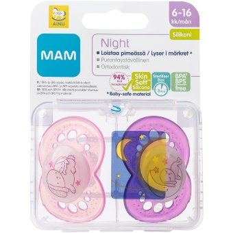Соска-пустышка AinuMam Night 6-16 мес, 2 шт