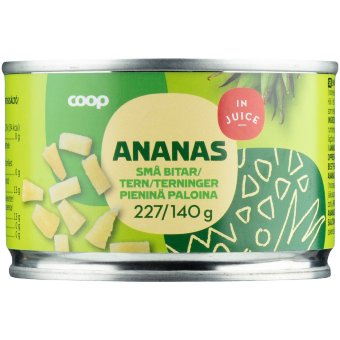 Ананас в собственном соку, нарезанный небольшими кусочками Coop 227/140 гр