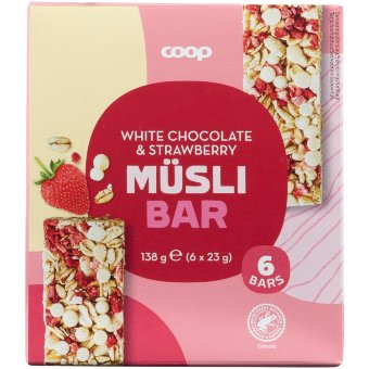 Батончики мюсли с белым шоколадом и клубникой Coop (уп 6 шт) 138 гр Батончики мюсли с белым шоколадом и клубникой Coop (уп 6 шт) 138 гр