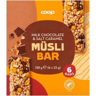Мюсли батончики Coop с молочным шоколадом и солёной карамелью (уп 6 шт) 138 гр Мюсли батончики Coop с молочным шоколадом и солёной карамелью (уп 6 шт) 138 гр