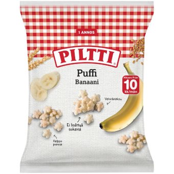 Вкусные пшеничные снэки PILTTI Puffi с банановым вкусом 7 гр
