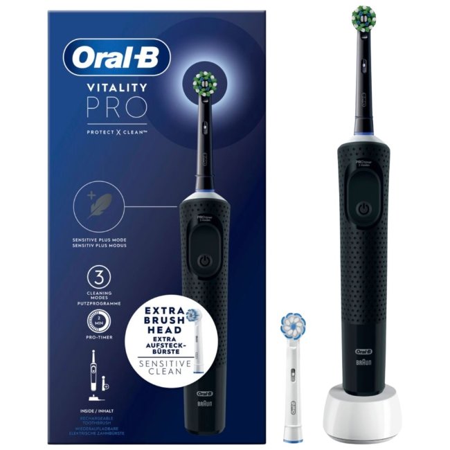 Электрическая зубная щетка Oral-B Vitality Pro Black с технологией Braun, 2 сменные насадки
