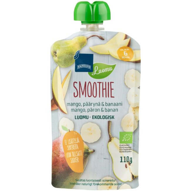 Органическое фруктовое пюре Rainbow smoothie манго, банан и груша 110 гр 6 мес
