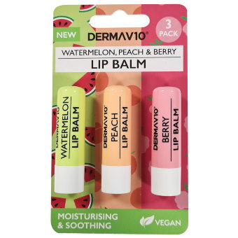 Бальзам для губ «Арбуз, персик и ягоды» Dermav10, 3шт/уп 8,6 гр