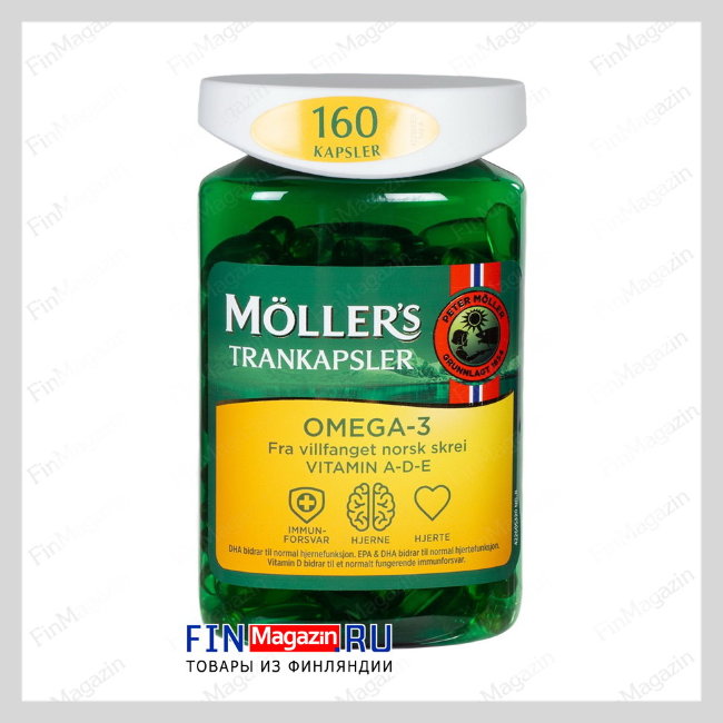 Витамины Омега-3, D и A, E Norwegian Mollers Trankapsler Omega-3 160 капсул Moller, Норвегия