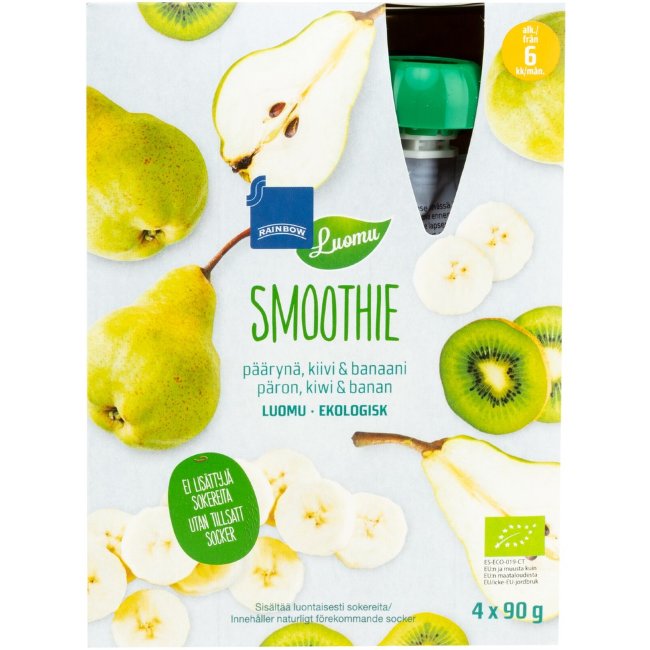 Органическое фруктовое пюре Rainbow smoothie с грушей, киви и бананом (уп 4 шт) 360 гр Органическое фруктовое пюре Rainbow smoothie с грушей, киви и бананом (уп 4 шт) 360 гр