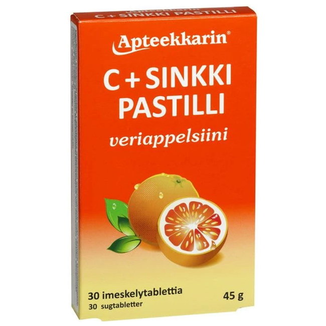 Пастилки с цинком для иммунитета Apteekkarin C+Zn (грейпфрут) 30 штук