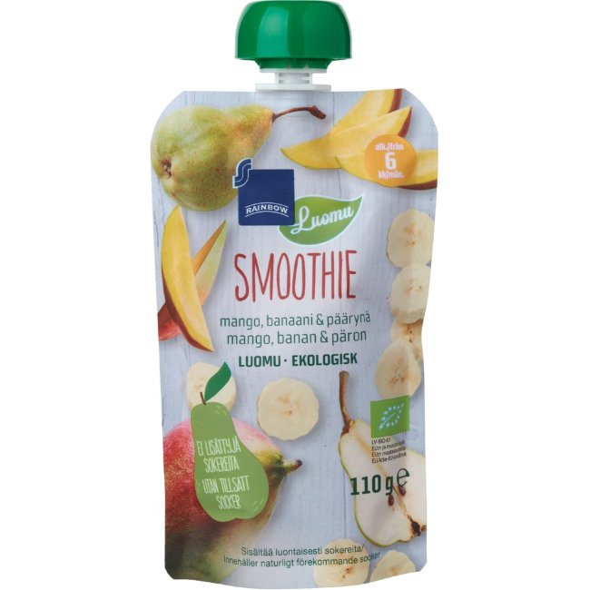 Органическое фруктовое пюре Rainbow smoothie манго, банан и груша 110 гр с 6 мес