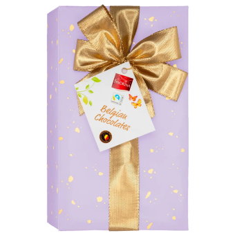 Подарочный набор бельгийского шоколада Favorina - Фиолетовый шёлк с золотым бантом 250 гр Подарочный набор бельгийского шоколада Favorina - Фиолетовый шёлк с золотым бантом 250 гр