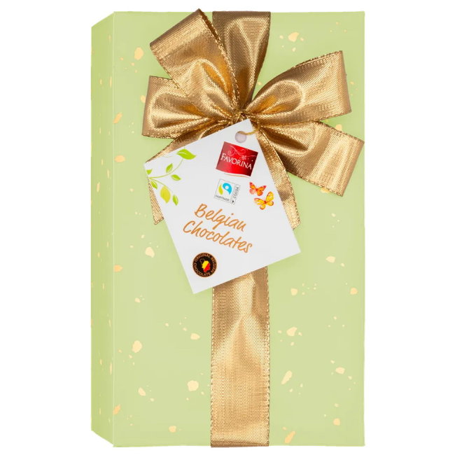 Подарочный набор бельгийского шоколада Favorina - Салатовый неон с золотым бантом 250 гр Подарочный набор бельгийского шоколада Favorina - Салатовый неон с золотым бантом 250 гр
