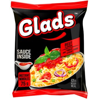 Быстрые лапша со вкусом говядины Glads с томатно-базиликовым соусом 75 гр