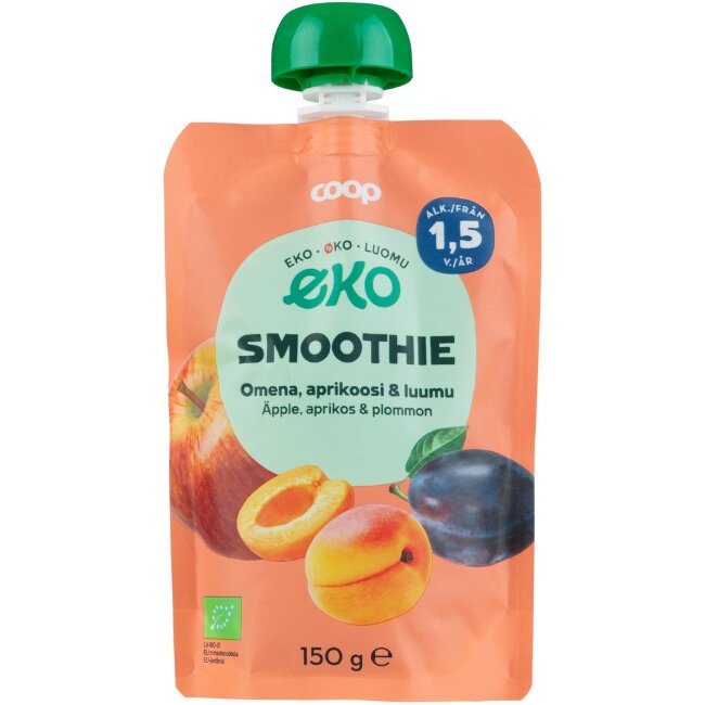 Органическое пюре-смузи Coop Eko с яблоком, абрикосом и сливой 150 гр 1,5 года