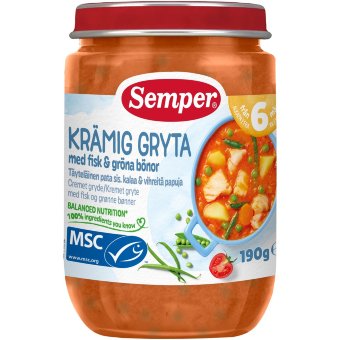 Детское питание Semper кремовое рагу с рыбой и зелеными бобами 6 мес 190 гр