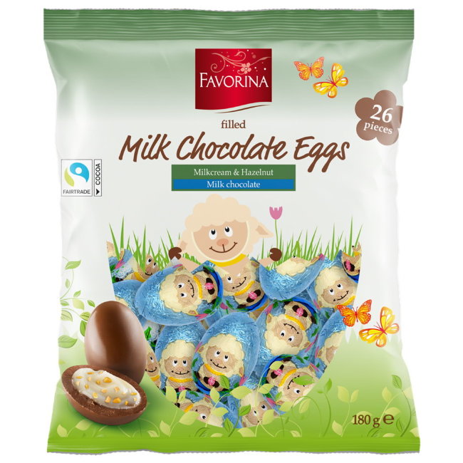 Детский набор шоколадных яиц Favorina Веселый кролик — с молочным кремом и лесным орехом 26 шт/уп 180 гр Детский набор шоколадных яиц Favorina Веселый кролик — с молочным кремом и лесным орехом 26 шт/уп 180 гр