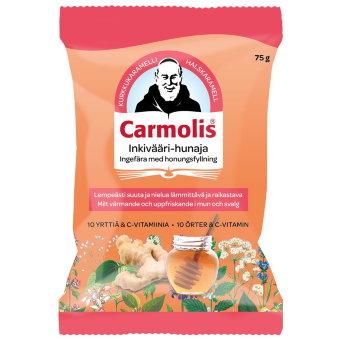 Согревающие леденцы для горла с имбирём, мёдом и 10 травами Carmolis Valioravinto 72 гр (цена по акции)