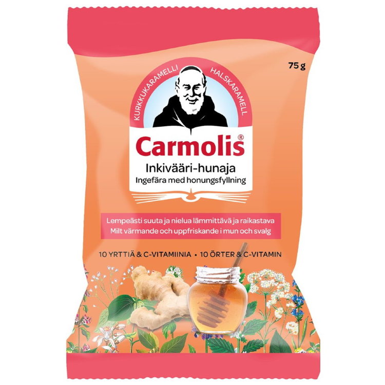 Согревающие леденцы для горла с имбирём, мёдом и 10 травами Carmolis ...