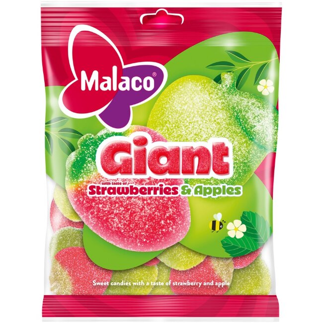 Жевательные конфеты Malaco Giant Strawberries and Apples 180 гр