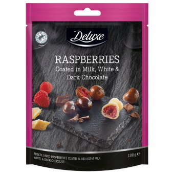 Малина в молочном, белом и тёмном шоколаде Deluxe 100 гр