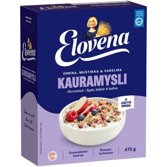 Полноценное овсяное мюсли Elovena с яблоком, черникой и малиной 475 гр Полноценное овсяное мюсли Elovena с яблоком, черникой и малиной 475 гр