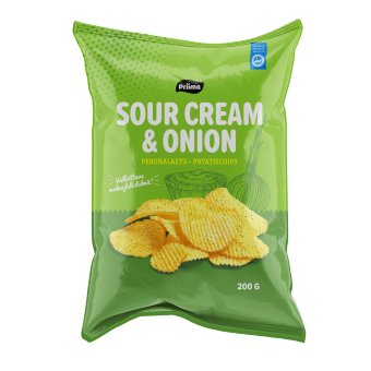 Рифленые картофельные чипсы со сметаной и луком PRIIMA 200 гр Рифленые картофельные чипсы со сметаной и луком PRIIMA 200 гр