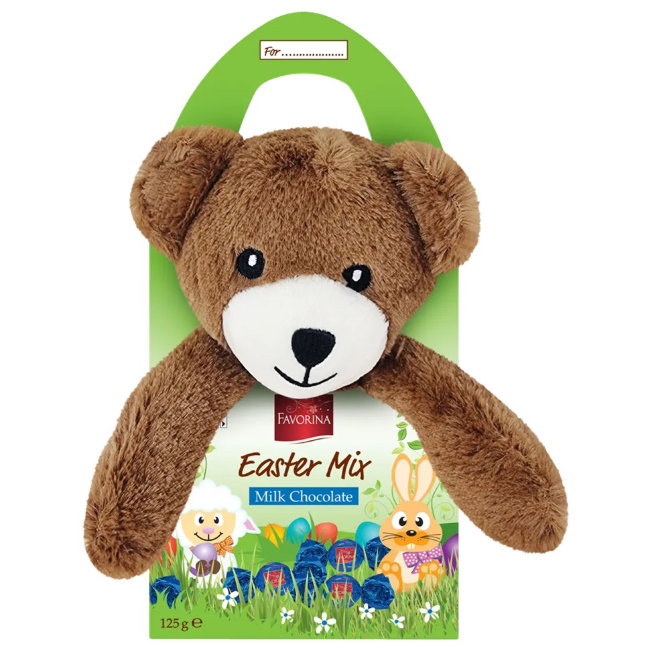 Детский пасхальный подарочный набор Favorina с мягкой игрушкой Мишка и молочным шоколадом 125 гр