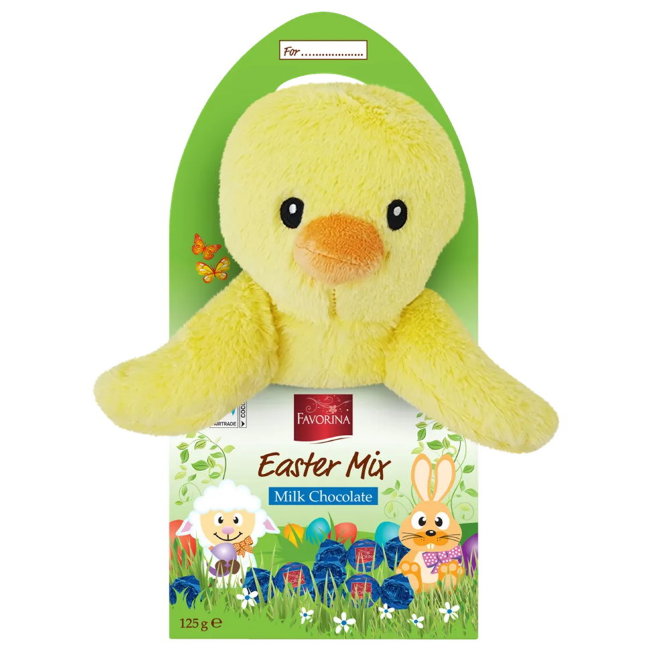 Детский пасхальный подарочный набор Favorina с мягкой игрушкой Цыпленок и молочным шоколадом 125 гр Детский пасхальный подарочный набор Favorina с мягкой игрушкой Цыпленок и молочным шоколадом 125 гр