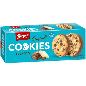 Печенье Bergen Original Cookies 3x Choco 130 гр шоколадное с белым, молочным и темным шоколадом