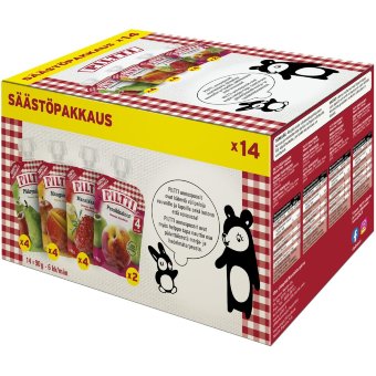 Ассорти фруктового пюре Piltti 14x90 гр яблочно-грушевое, яблочно-персиковое, яблочно-манговое, яблочно-бананово-клубничное пюре порционные пакеты