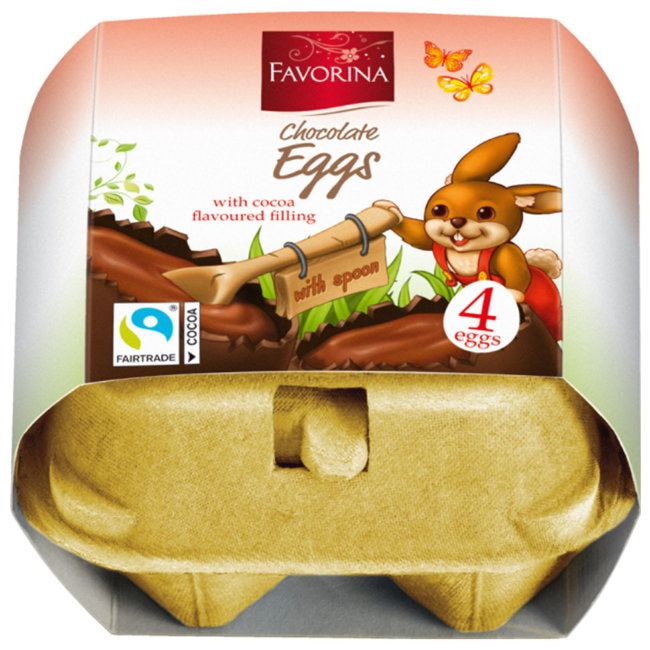Шоколадные яйца Favorina Пасхальный зайчик с молочной начинкой 4 шт/уп 144 гр