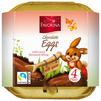 Шоколадные яйца Favorina Пасхальный зайчик с молочной начинкой 4 шт/уп 144 гр Шоколадные яйца Favorina Пасхальный зайчик с молочной начинкой 4 шт/уп 144 гр