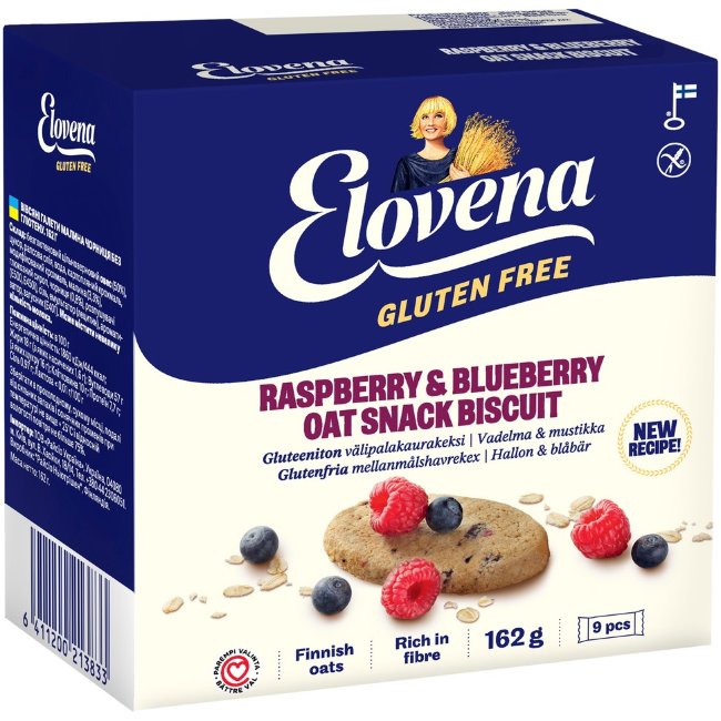 Овсяные бисквитные снеки Elovena с малиной и черникой (уп 9 шт) 162 гр 