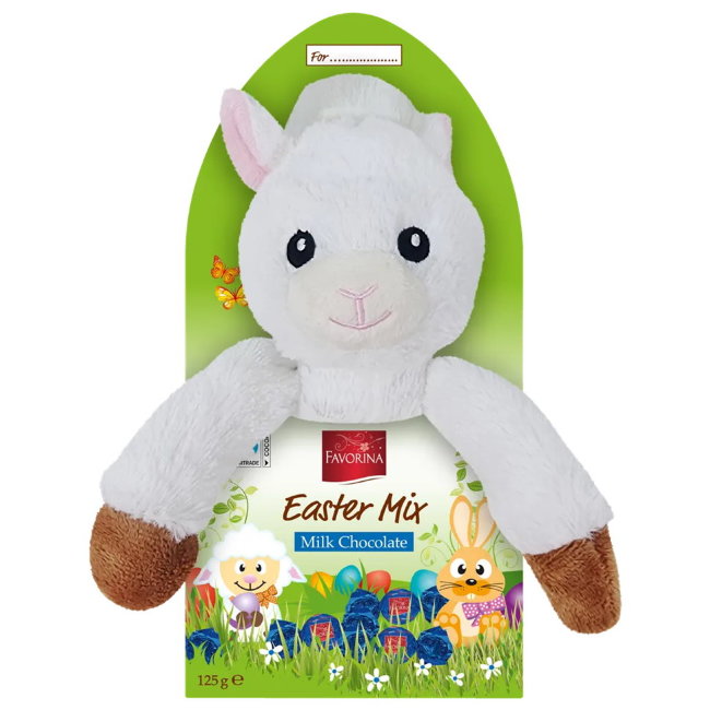 Детский пасхальный подарочный набор Favorina с мягкой игрушкой Барашек и молочным шоколадом 125 гр Детский пасхальный подарочный набор Favorina с мягкой игрушкой Барашек и молочным шоколадом 125 гр