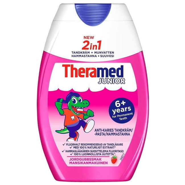 Детская зубная паста со вкусом клубники Theramed 2в1 Junior 75 мл
