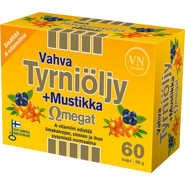 Витамины Vahva Tyrniöljy-Mustikka omegat Облепиховое масло 60 капсул Via Naturale