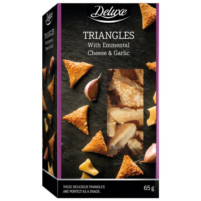 Сырные снеки Deluxe TRIANGLES с сыром Эмменталь и чесноком 65 гр Сырные снеки Deluxe TRIANGLES с сыром Эмменталь и чесноком 65 гр