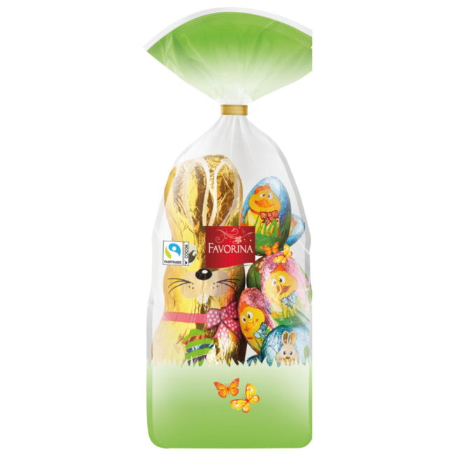 Пасхальный подарочный набор Favorina - фигурка Золотой заяц и шоколадные яйца 120 гр Пасхальный подарочный набор Favorina - фигурка Золотой заяц и шоколадные яйца 120 гр