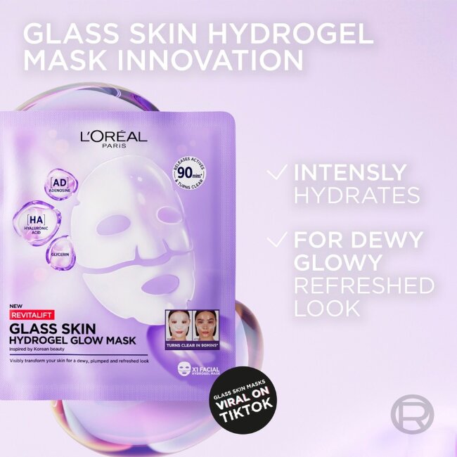 Гидрогелевая осветляющая маска для лица L'Oréal Paris Revitalift Filler Glass Skin 1 шт