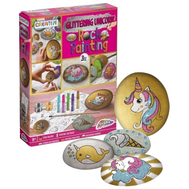 Набор для росписи камней Glitter Unicorn, 3 камня, кисточка, клей с блестками, краски