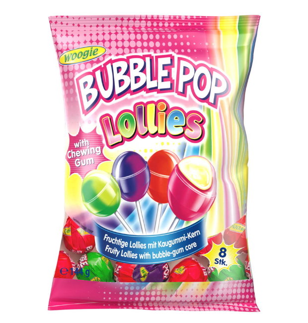 Фруктовые леденцы на палочке с жевательной резинкой Woogie Bubble Pop 144 гр