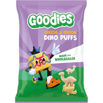 Снеки Goodies Dino Puffs с сыром и луком из цельнозерновой пшеницы и кукурузы 30 гр