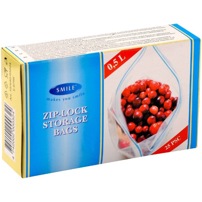 Пакеты для хранения Smile с двойным замком, 0,5 л, 12 x 19 см, 25 шт Пакеты для хранения Smile с двойным замком, 0,5 л, 12 x 19 см, 25 шт