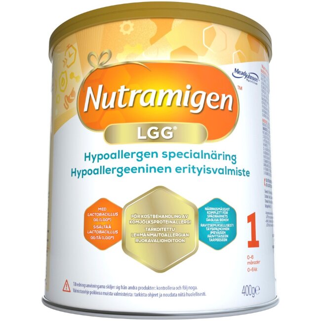 Клинический пищевой продукт Nutramigen 1 LGG 400 гр, на основе казеина, для диетического лечения аллергии на коровий белок, с пробиотиком LGG, порошок, для младенцев 0–6 месяцев