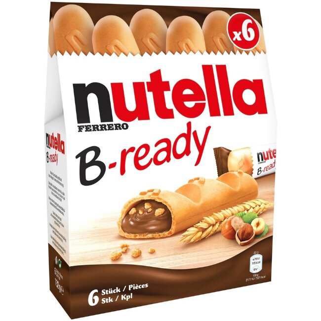 Хрустящий вафельный батончик Nutella B-Ready с начинкой из шоколадно-фундуковой пасты и пшеничных хлопьев 6 шт 135 гр Хрустящий вафельный батончик Nutella B-Ready с начинкой из шоколадно-фундуковой пасты и пшеничных хлопьев 6 шт 135 гр