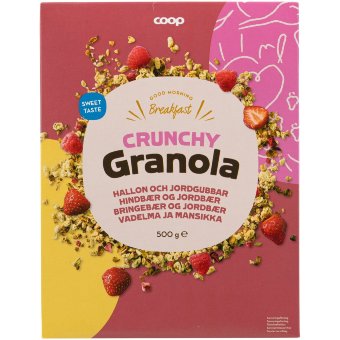 Хрустящая гранола Coop с малиной и клубникой 500 гр Хрустящая гранола Coop с малиной и клубникой 500 гр