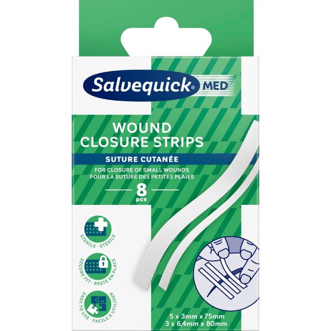 Стерильные пластырные полоски Salvequick MED для закрытия ран (2 разных размера) 8 шт