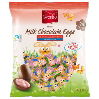 Детский набор шоколадных яиц Favorina Веселый кролик — с клубничным кремом и взрывной карамелью 26 шт/уп 180 гр Детский набор шоколадных яиц Favorina Веселый кролик — с клубничным кремом и взрывной карамелью 26 шт/уп 180 гр
