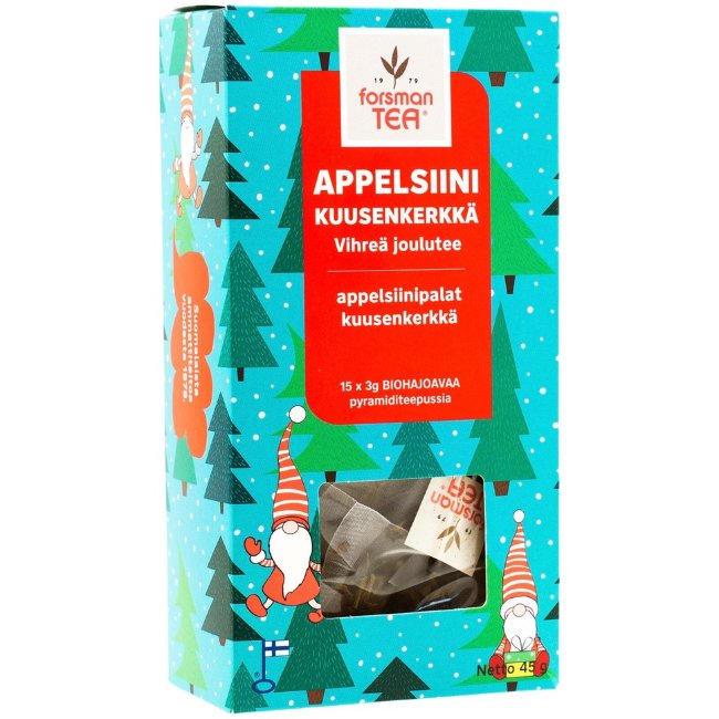 Чай зелёный листовой в пирамидках Forsman (Рождественский с апельсином) 15x3G Appelsiini Joulutee