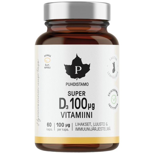 Усиленный комплекс витамина D3 100 мкг на масляной основе Puhdistamo Super D-Vitamiini 60 капсул