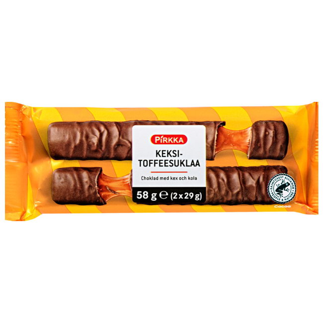 Шоколадный батончик с печеньем и мягким ирисом Pirkka Keksi-toffeesuklaa 60 гр