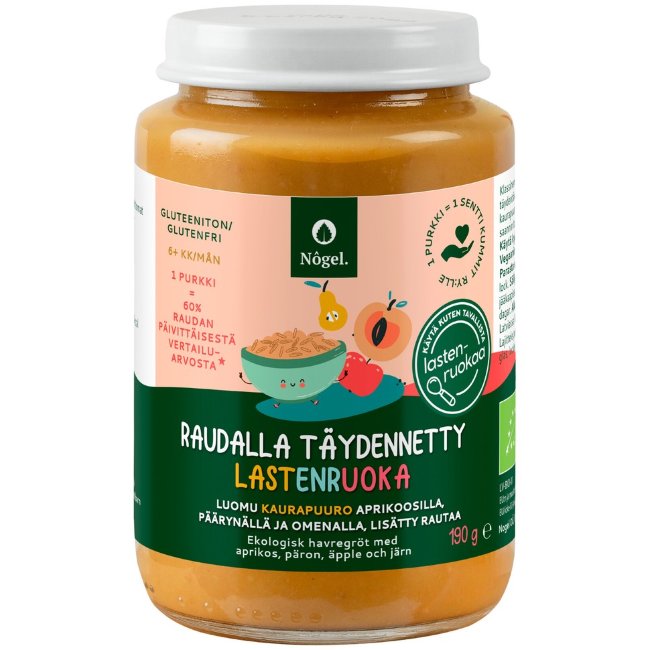 Овсяная каша Nôgel органическая с абрикосом, грушей и яблоком, с добавлением железа, 190 гр 6 мес+ Овсяная каша Nôgel органическая с абрикосом, грушей и яблоком, с добавлением железа, 190 гр 6 мес+